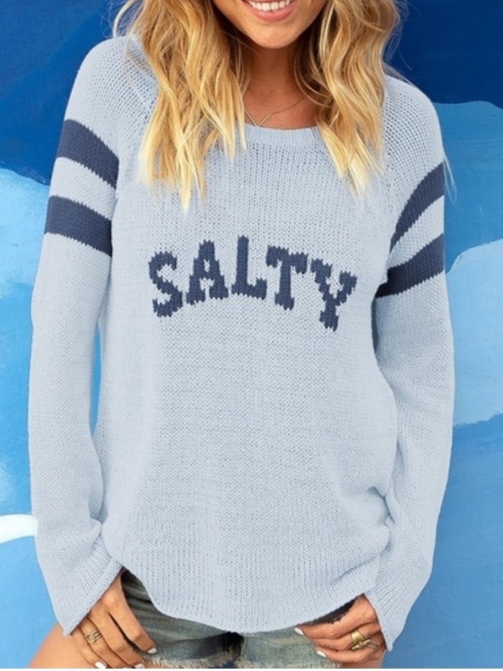 Wooden Ships Blue and White Salty Raglan Sweater Open Weave X/S